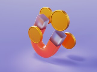 Magnet attracting money in the form of gold coins with glass elements on an isolated background 3d rendering