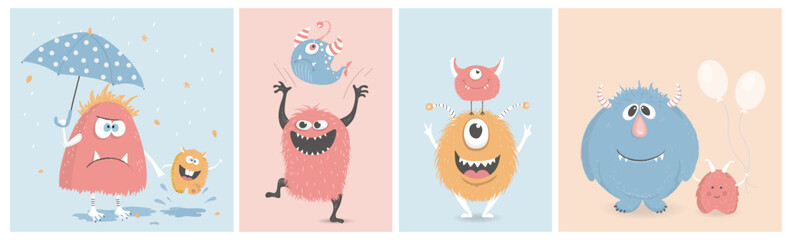 Group of cute colorful monsters.A set of greeting cards, children's prints.Vector illustration.