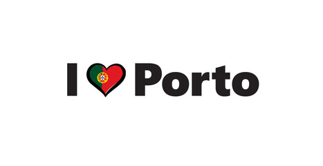 Portugal city Porto horizontal banner. Lettering I love Porto with nacional portuguese flag and love heart. Vector template for your design.