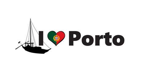 Portugal city Porto horizontal banner. Lettering I love Porto with national portuguese flag, boat and love heart. Vector template for your design.