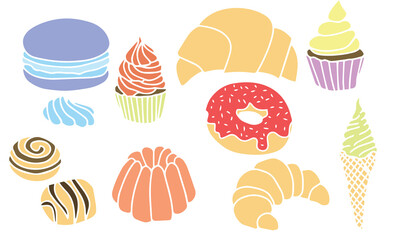 Set of different sweet deserts.  Donut, cupcake, muffin, candy, pudding, croissant, ice cream, macarons.