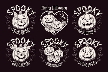 Round vintage emblems with text, silhouette of bats, pumpkins like human characters, such as parents and kids. Holiday monochrome illustration on a black background