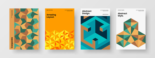 Modern geometric shapes placard concept bundle. Multicolored journal cover vector design template set.