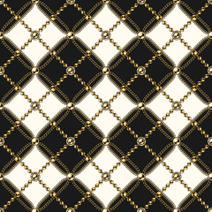Checkered vintage black and white pattern with gold chains, beads, crossed squares, rhombuses. Classical luxe vector seamless background. Good for surface design
