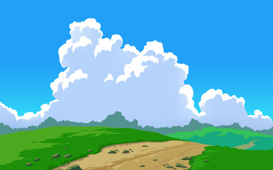 Vector landscape sky hills clouds. Anime cartoon style. Background design