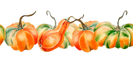 Seamless banner of pumpkins watercolor illustration isolated on white.