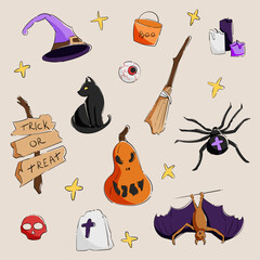 Halloween set of colorful doodle objects. Set of hat, black cat, rip, pumpkin, eyeball, bat, skull, broom and spider. Cartoon vector illustration.