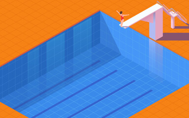 Vector swimming pool in isometry. Illustration of a swimmer before a jump. sports competition.