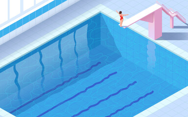 Vector illustration of a woman in a swimming pool. Isometry. Athlete jump into the pool. Competitions and training. Modern style