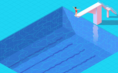 Vector illustration. Woman jumping into the water. Athlete jump into the pool. Competitions and training. Modern style