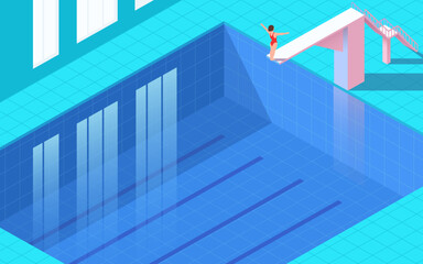 Vector illustration of a swimming pool in isometry. Athlete jump into the pool. Competitions and training. Modern style