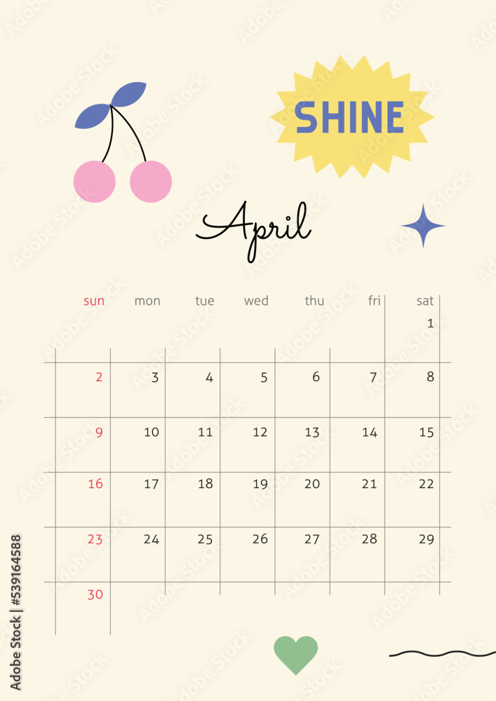 Wall mural the page with the month april 2023 with retro stickers in bright tones. vertical poster in a geometr