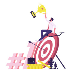 Businessman with trophy and archery target and  #1 word, business success concept