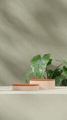 Blank mockup of peach and wooden texture podium in portrait with alocasia plant 3d rendering
