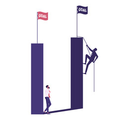 Concept with shadow of businessman climbing a cliff on a rope to top of graph, Symbol of motivation, career growth, success, ambition