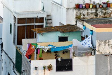 The terraces and laundry in the cubist architecture in Olhao, Algarve, Portugal