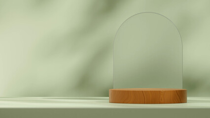 Blur glass arch background 3d image render empty scene wooden texture cylinder podium in landscape
