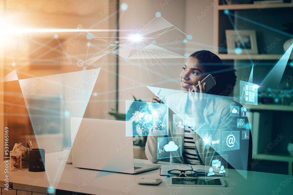 Poster Office, technology and phone call, woman with hologram for cloud computing, ui and internet connection. Graphic communication network, digital transformation and future consulting ux on smartphone.