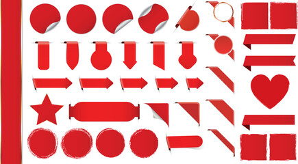 set of red colored banners, ribbons, stickers and other vector design elements