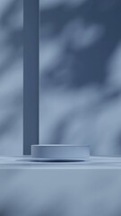 mockup  space of float round cylinder podium in portrait minimal shadow blue wall 3D image render

