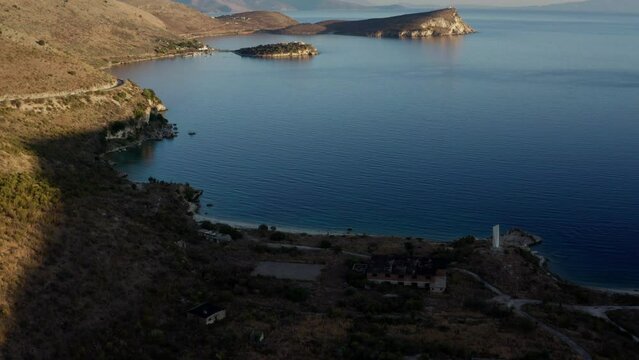 Aerial View of Porto Palermos epic coast during sunset, Albania