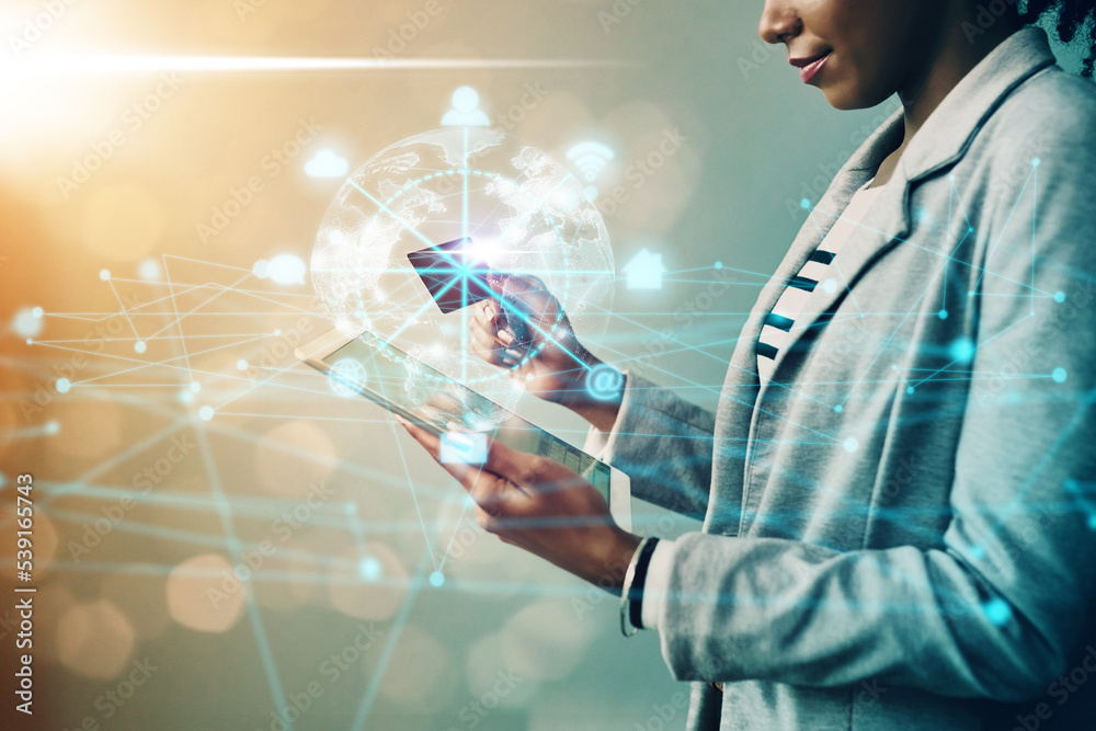Poster online shopping tablet, ecommerce and fintech networking, hologram and financial world data, global 
