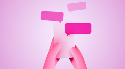 Hand holding phone with messages. Communication and social networking concept.