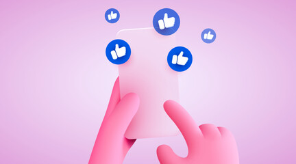 Cute cartoon hand holding mobile smartphone with Likes notification icons. Social media and marketing concept.