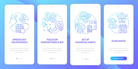 Small business finance management blue gradient onboarding mobile app screen. Walkthrough 4 steps graphic instructions with linear concepts. UI, UX, GUI template. Myriad Pro-Bold, Regular fonts used