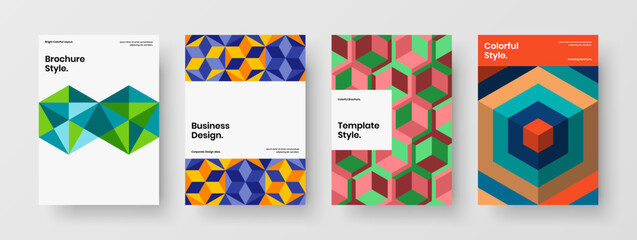 Vivid catalog cover A4 design vector illustration collection. Isolated geometric tiles brochure template composition.
