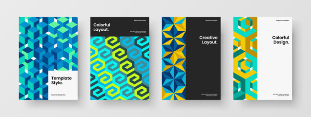 Unique mosaic pattern front page illustration bundle. Minimalistic journal cover vector design layout collection.