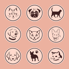 Cute domestic cats and dogs collection as stickers set for design websites, applications, logo, sign, clothes, accessories, prints, single patterns or social network communication. 