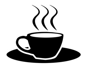 black cup and saucer with steam illustration. Icon vector with white background.