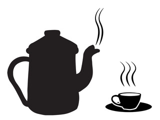  Black Teapot, saucer and cup illustration. Vector icons with white background.