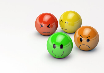 3D illustration of Emoji with facial expressions of Happiness, Sadness, Fear, and Anger.