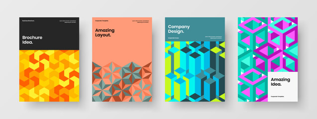 Abstract geometric hexagons annual report template collection. Isolated placard A4 design vector concept set.