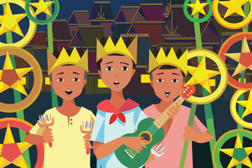 Three children singing chrismas carol