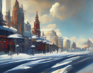 Oilpainting of the city in winter, Generative AI
