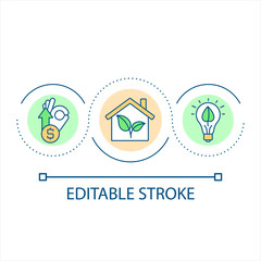 Green building loop concept icon. Sustainable homeownership. Real estate. Property improvement abstract idea thin line illustration. Isolated outline drawing. Editable stroke. Arial font used