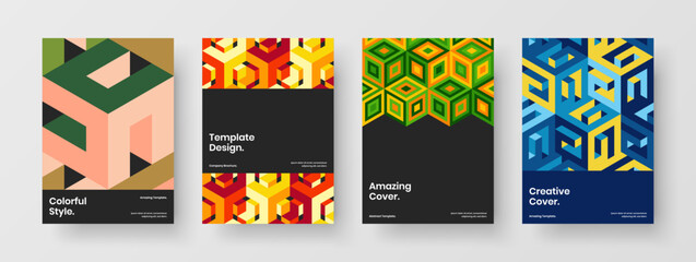 Clean book cover vector design layout collection. Bright mosaic pattern company brochure illustration composition.