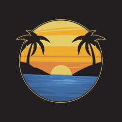 beautiful sunset by the sea with palm trees for t shirt design and print