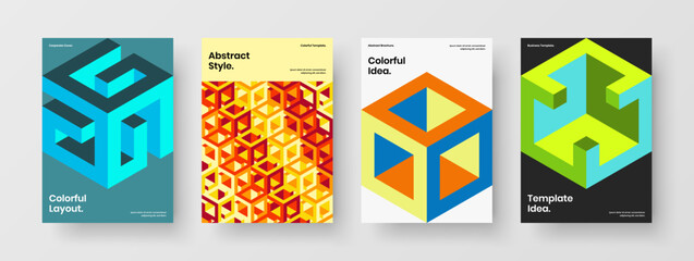 Isolated company cover A4 design vector concept collection. Colorful geometric tiles leaflet layout set.