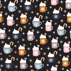 Christmas seamless pattern with cup hot cocoa on a dark background. Happy New Year background. Season greeting. Vector Christmas illustration.