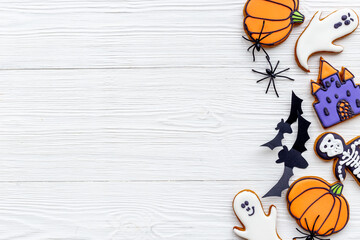 Funny cookies and spiders for Halloween party background