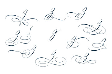 Set of beautiful calligraphic flourishes on letter z isolated on white background for decorating text and calligraphy on postcards or greetings cards. Vector illustration.