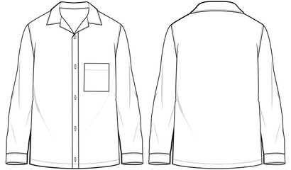 mens pajama shirt flat sketch vector illustration front and back view technical drawing template.