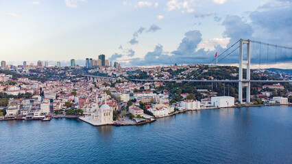 Panorama image Skyscrapers of istanbul behind the Bosphorous, financial district of Turkey next to a big bridge