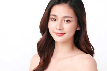 Fototapeta premium Beautiful young asian woman with clean fresh skin on white background, Face care, Facial treatment, Cosmetology, beauty and spa, Asian women portrait.