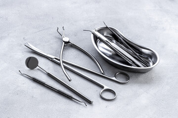 Fototapeta premium Medical steel equipment for surgery in tray. Healthcare background