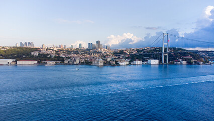 Aerial drone view of Ortak&ouml;y Camii mosque on the Bosporous in Istanbul